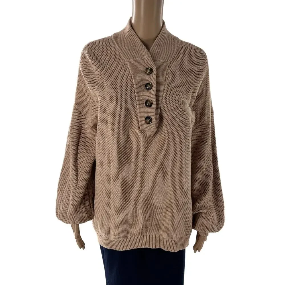 Lunya Tan Cozy Cotton Silk Pocket Henley Pullover Sweater